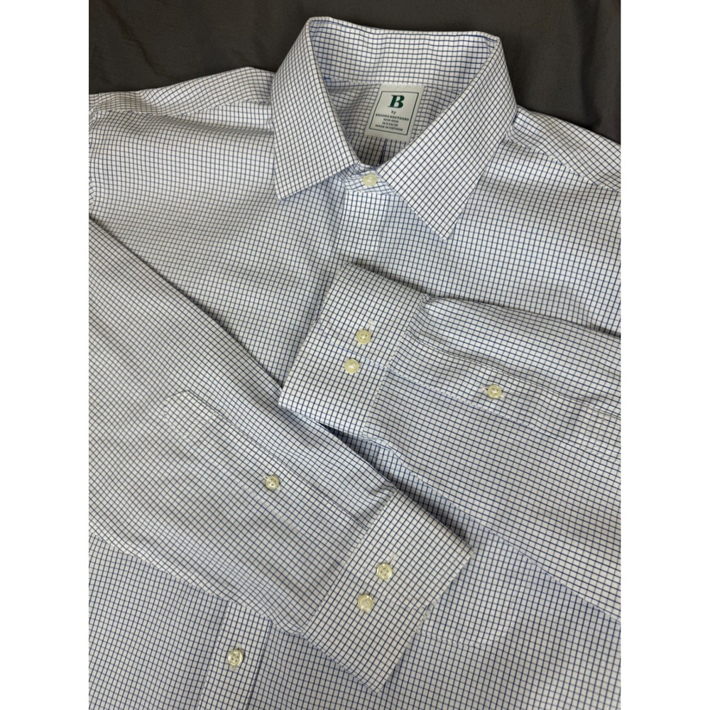 B by Brooks Brothers Mens 16 34/35 Blue White Micro Check Non-Iron Dress Shirt